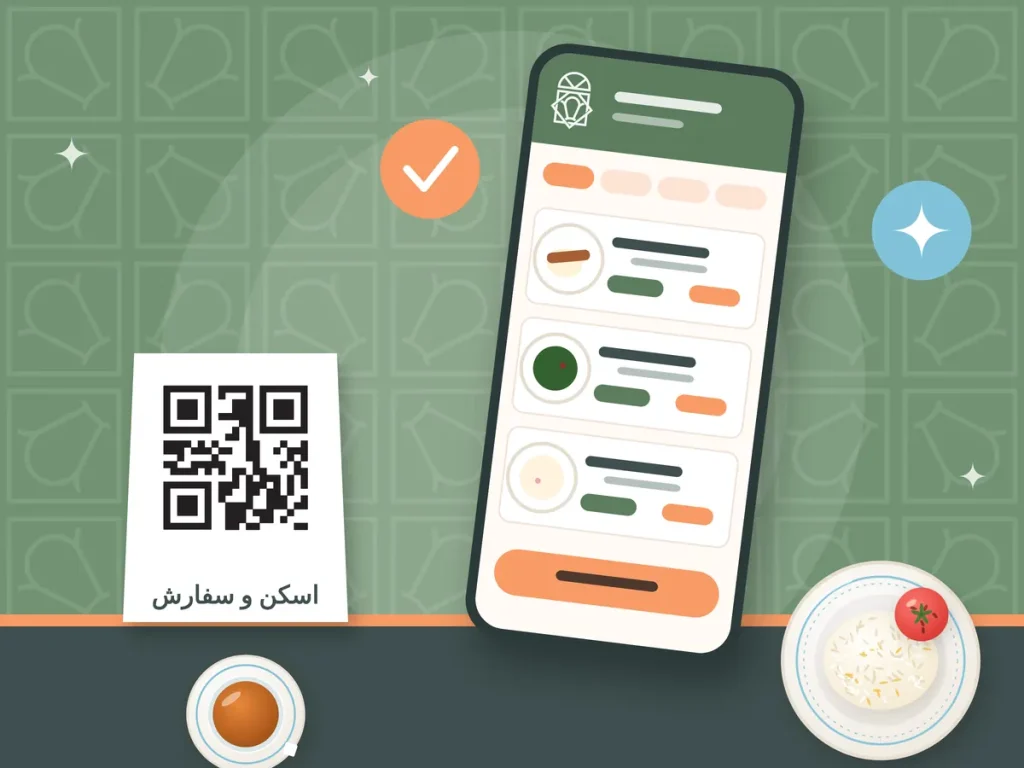 گوشی با منوی دیجیتال و کارت QR روی میز